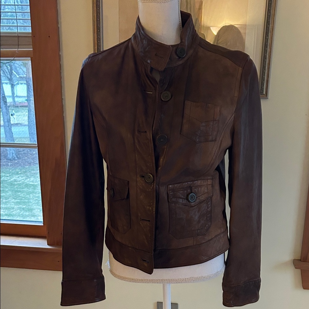 GAP Dark Brown Leather Button-Front Jacket like N… - image 5